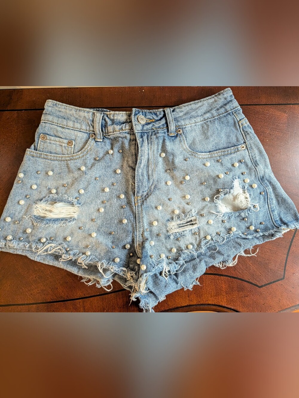 Pearl-Embellished Jean Shorts